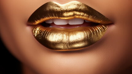 close-up of woman's lips with metallic golden shade of lipstick on the lips. beauty make-up product campaign
