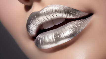 close-up of woman's lips with metallic silver shade of lipstick on the lips. beauty make-up product campaign