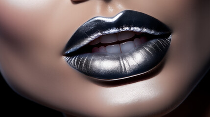 close-up of woman's lips with metallic silver shade of lipstick on the lips. beauty make-up product campaign - obrazy, fototapety, plakaty
