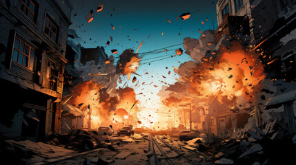 A catastrophic blast creating a shockwave that shatters windows and sends objects crashing to the ground.