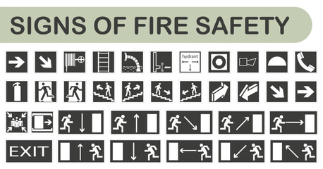 Black fire hazard signs. Rules of conduct during a fire. Vector illustration. - obrazy, fototapety, plakaty