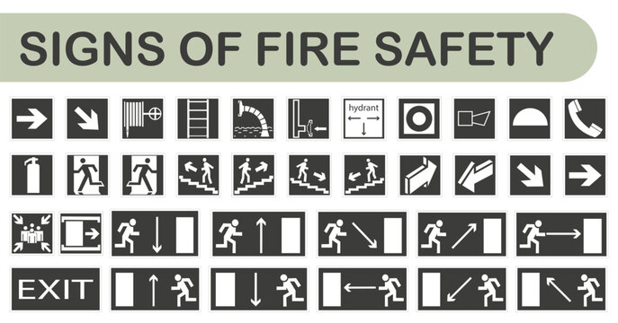 Black fire hazard signs. Rules of conduct during a fire. Vector illustration.