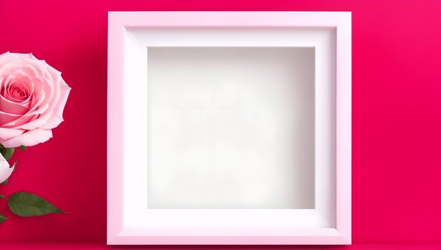 Empty white frame on red background with pink rose. Valentine's Day blank frame with copy space.