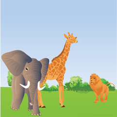 Wild animals in african savanna, elephant, giraffe and lion. Beautiful landscape vector illustration.