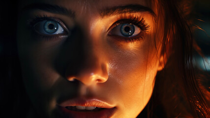 Close-up portrait of a beautiful young woman with blue eyes.