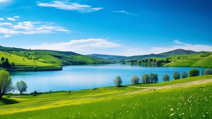 Spring landscape with a blue lake and green hills
