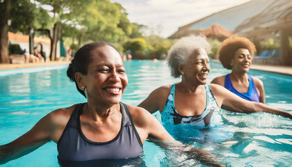 Three Afro women smile and look to the right while engaging in physical exercise in the pool, experiencing a physical and mental well-being that is calm and trouble-free.