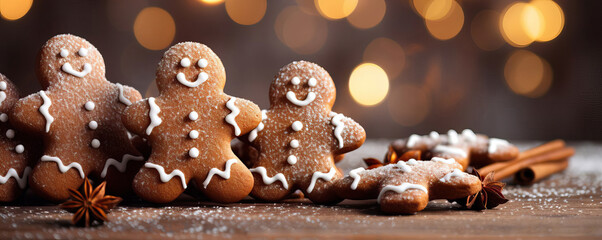 Homemade gingerbread cookies against golden lights.. Christmas and New Year baking idea. Festive winter concept. Atmospheric holidays, family time