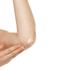 Closeup photo of woman applying moisturizer on elbow skin, care for dry elbow skin on white background