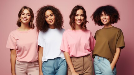 Four cheerful young women express positive emotions and feelings being in good mood smile broadly dressed in casual clothing being best friends isolated over pink background - obrazy, fototapety, plakaty