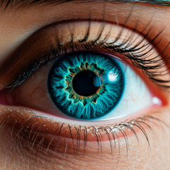 Close-up shot and eyes are bright blue with multicolored iris. Macro view of the compound pupil. Ophthalmology clinic. Eye surgeries. Restoration of vision. Fantasy makeup. Vertical banner