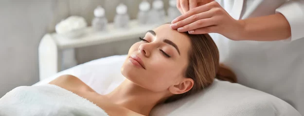 Meubelstickers Massagesalon Woman Receiving a Relaxing Spa Facial Treatment. A tranquil scene of a woman lying down, receiving a soothing facial massage in a serene spa setting with soft lighting