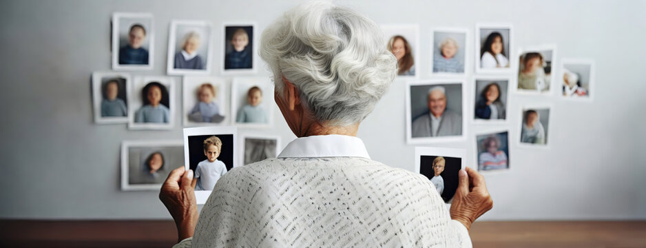 Elderly Woman Facing Family Portraits. Senior lady looking at framed photographs of loved ones