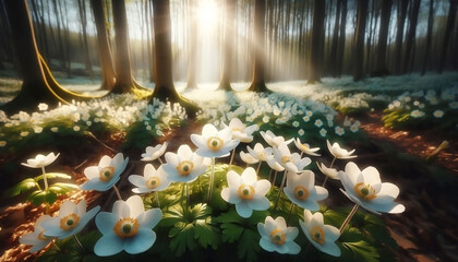 Beautiful white flowers of anemones in spring in a forest close-up in sunlight in nature. Spring forest landscape with flowering primroses - obrazy, fototapety, plakaty