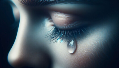 Sad woman concept - closed eyelid closeup with a teardrop on eyelashes. A tear on eyelashes macro close-up. A tear runs down his cheek. Tinted blue  - obrazy, fototapety, plakaty