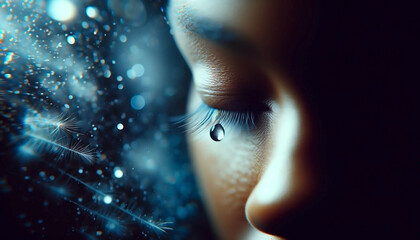 Sad woman concept - closed eyelid closeup with a teardrop on eyelashes. A tear on eyelashes macro close-up. A tear runs down his cheek. Tinted blue 