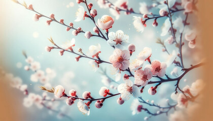 Beautiful floral spring abstract background of nature. Branches of blossoming apricot macro with soft focus on gentle light blue sky background. For easter and spring greeting cards with copy space