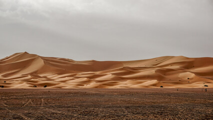 Panorama of the famous and legendary dunes of Erg Chebbi in the Sahara Desert, Morocco.