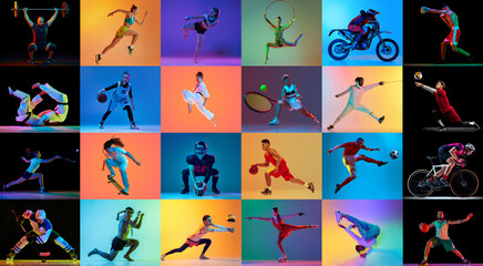 Set made of portraits of professional sportsman, hardly workout before competition in mixed neon light against multicolored gradient background. Concept of professional sport, hobby, motion.