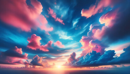 Beautiful natural background with blue sky and pink fluffy clouds at sunset. Excellent cinematic lighting, pastel colors