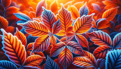 Beautiful colorful nature with bright orange leaves covered with frost in late autumn or early winter