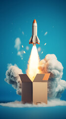 3D illustration of a rocket launching from a cardboard box on a blue background