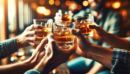 cheers glasses of whiskey in hands, for celebrating a friendly party or week ending in a bar or a restaurant. - obrazy, fototapety, plakaty