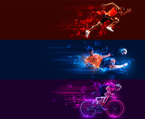 Set made of creative photos of professional sportsman training in motion blur against colorful background with negative space to inset text. Concept of sport, hobby, active lifestyle, recreation.