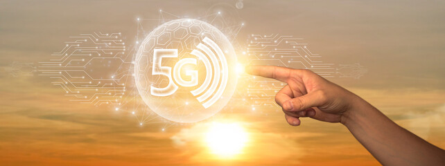 Business touch technology 5G high speed wireless data connection to internet from smartphones, concept future technology 5G network wireless systems