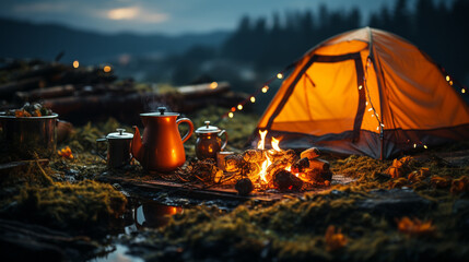 A close-up of a small kettle was placed over the campfire with a tent background in the forest.