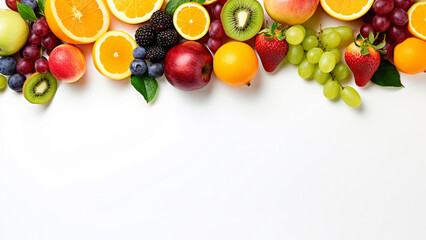 Top view of assorted fresh fruits on a clean white background - obrazy, fototapety, plakaty