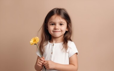 a little girl smiles and holds out a flower on a light background, there is space for text