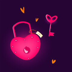 A key and a heart-shaped lock. Concept of love, Valentine's Day, wedding. Greeting card. 