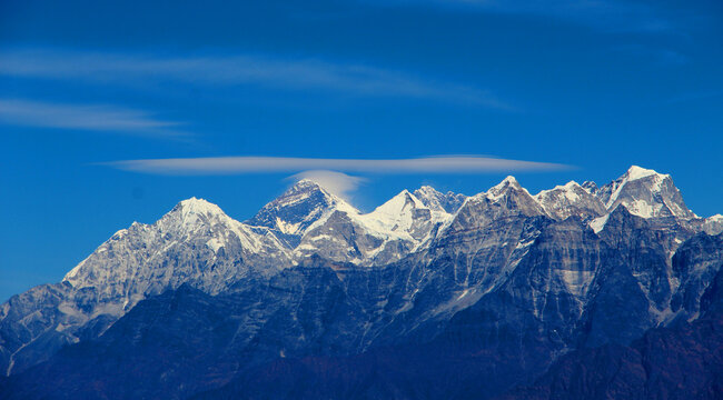 Mount Everest is Earth's highest mountain above sea level, located in the Mahalangur Himal sub-range of the Himalayas. Mount Everest view from Solukhumbu, Nepal.