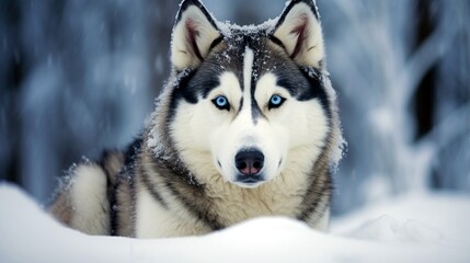 A regal Husky, its piercing blue eyes mirroring the wintry landscape it explores with a sense of curiosity.
