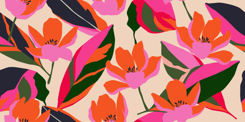 Hand drawn tropical flowers, seamless patterns with floral for fabric, textiles, clothing, wrapping paper, cover, banner, interior decor, abstract backgrounds. vector illustration.