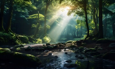 Rays Of The Morning Sun In The Middle Of The Green Forest