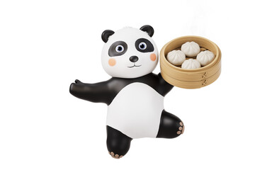 Cartoon panda and Chinese food baozi, 3d rendering.