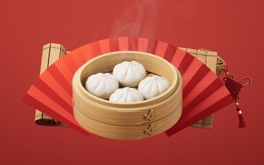 Chinese food baozi in food steamer, 3d rendering.