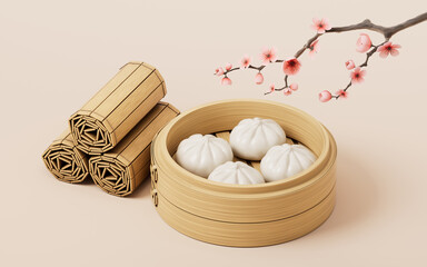 Chinese food baozi in food steamer, 3d rendering.