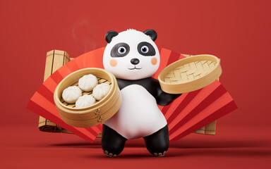 Cartoon panda and Chinese food baozi, 3d rendering. © Vink Fan
