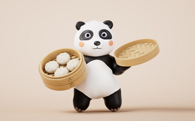 Cartoon panda and Chinese food baozi, 3d rendering. © Vink Fan