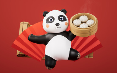 Cartoon panda and Chinese food baozi, 3d rendering. © Vink Fan