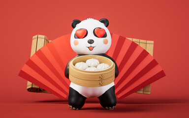 Cartoon panda and Chinese food baozi, 3d rendering. © Vink Fan