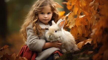 Cute Child with Bunny with Autumn Background