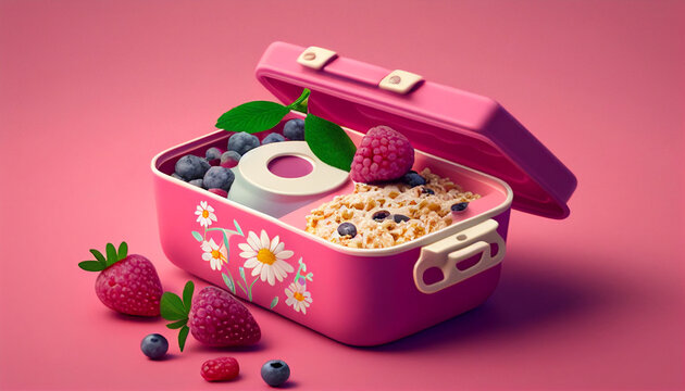Lunch box brimming with nourishing delights, featuring a berry raspberry yogurt and cereal on pink background, nutritious combo offers delicious fulfilling meal, overall well-being satisfaction, Ai 