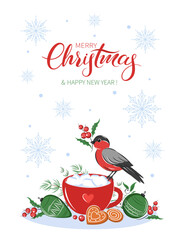 Winter Holiday card. Cup coffee, bird with christmas decor with winter berries. Vector illustration