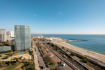 Naklejka premium Waterfront in Diagonal Mar area in Barcelona with skyscrapers