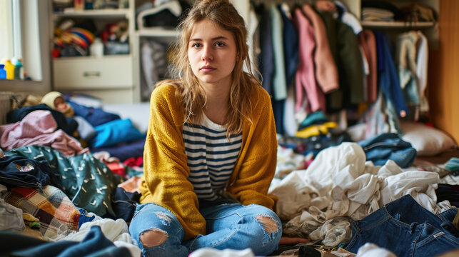 Teenager girl with ADHD struggling to clean the room Gen AI