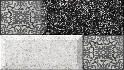 Terrazzo. Digital colorful wall tile design for washroom and kitchen, modern luxurious tile. Concrete wall with stones of different colors. White, gray and black stones. 